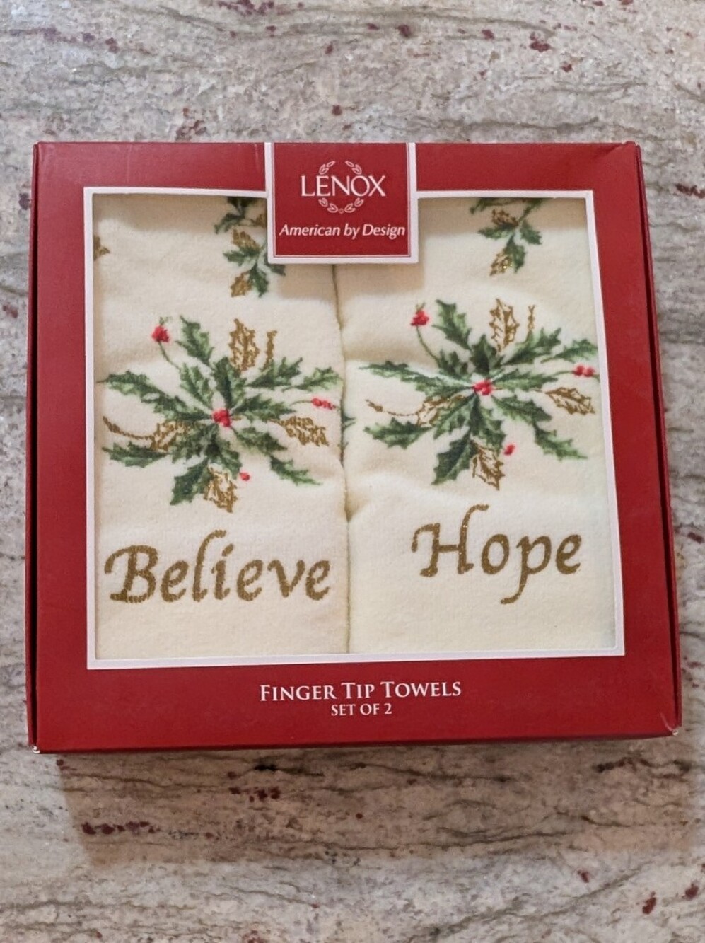 NEW Gift Box 2 Lenox Christmas Fingertip Towels Hope & Believe White Holy